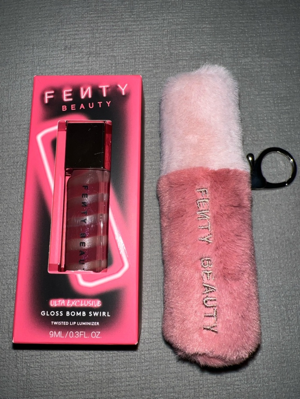 Limited Edition Fenty Beauty Gloss Bomb Swirl in Sweet Riri & Faux Fur Keychain